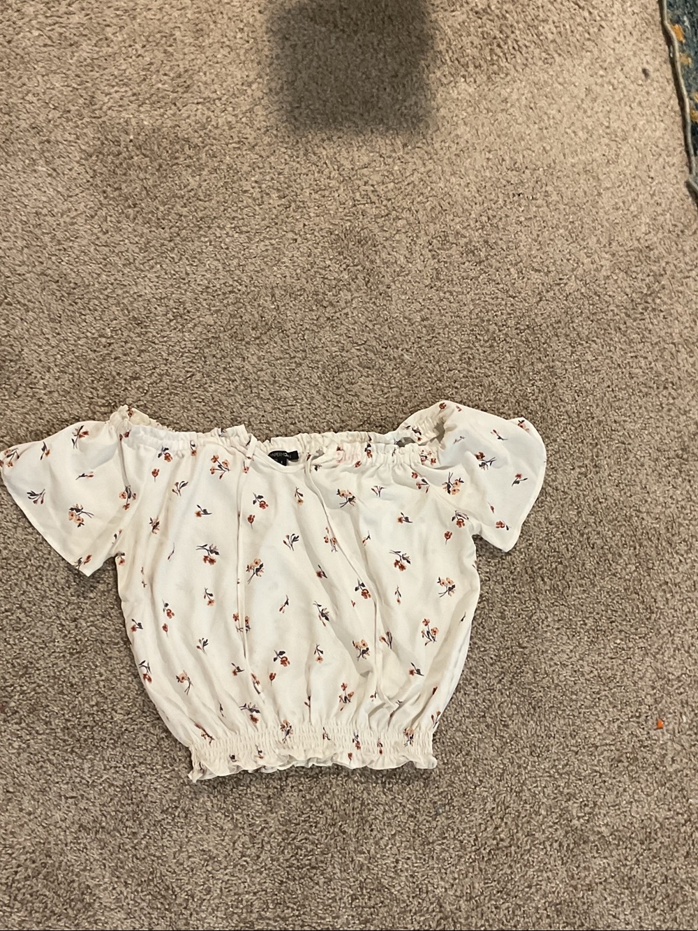 Papermoon White Floral Off-Shoulder Crop Top with Rust and Green Accents